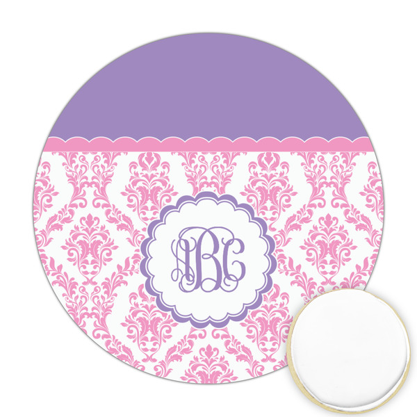 Custom Pink, White & Purple Damask Printed Cookie Topper - 2.5" (Personalized)