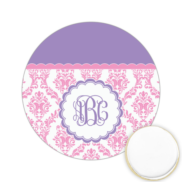 Custom Pink, White & Purple Damask Printed Cookie Topper - 2.15" (Personalized)