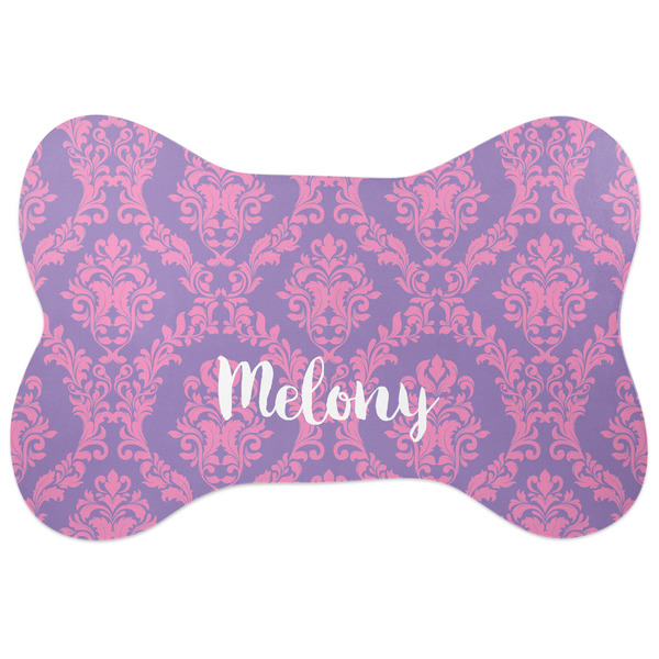 Custom Pink, White & Purple Damask Bone Shaped Dog Food Mat (Large) (Personalized)