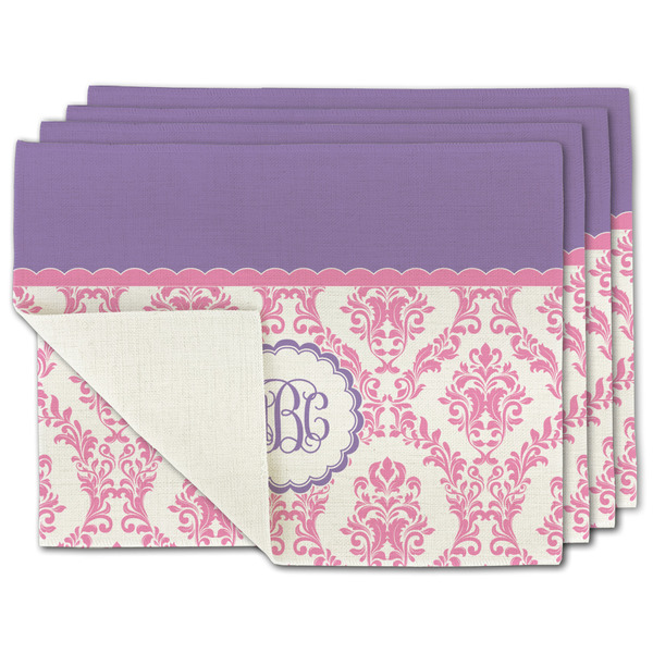 Custom Pink, White & Purple Damask Single-Sided Linen Placemat - Set of 4 w/ Monogram