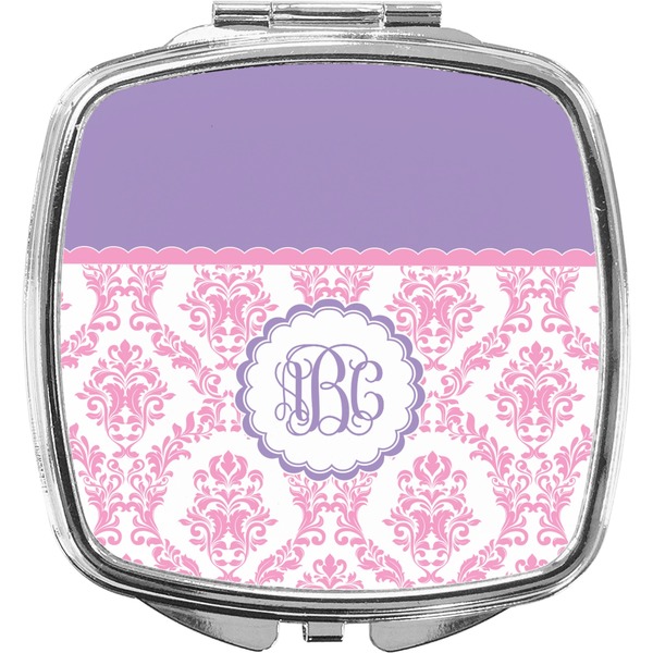 Custom Pink, White & Purple Damask Compact Makeup Mirror (Personalized)