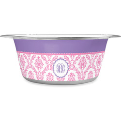 Pink, White & Purple Damask Stainless Steel Dog Bowl - Large (Personalized)