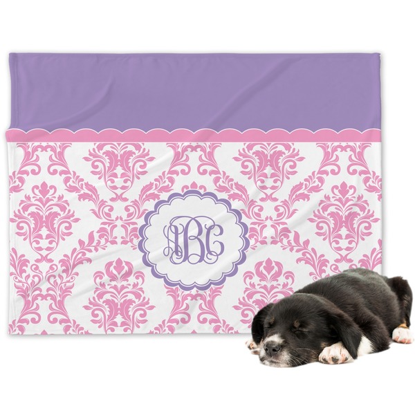 Custom Pink, White & Purple Damask Dog Blanket - Large (Personalized)