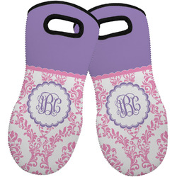 Pink, White & Purple Damask Neoprene Oven Mitts - Set of 2 w/ Monogram