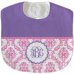 Pink, White & Purple Damask Velour Baby Bib w/ Monogram