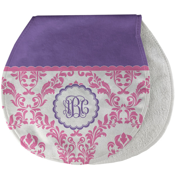 Custom Pink, White & Purple Damask Burp Pad - Velour w/ Monogram