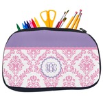 Pink, White & Purple Damask Neoprene Pencil Case - Medium w/ Monogram