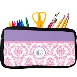 Pink, White & Purple Damask Neoprene Pencil Case - Small w/ Monogram