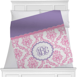 Pink, White & Purple Damask Minky Blanket - Toddler / Throw - 60"x50" - Single Sided w/ Monogram