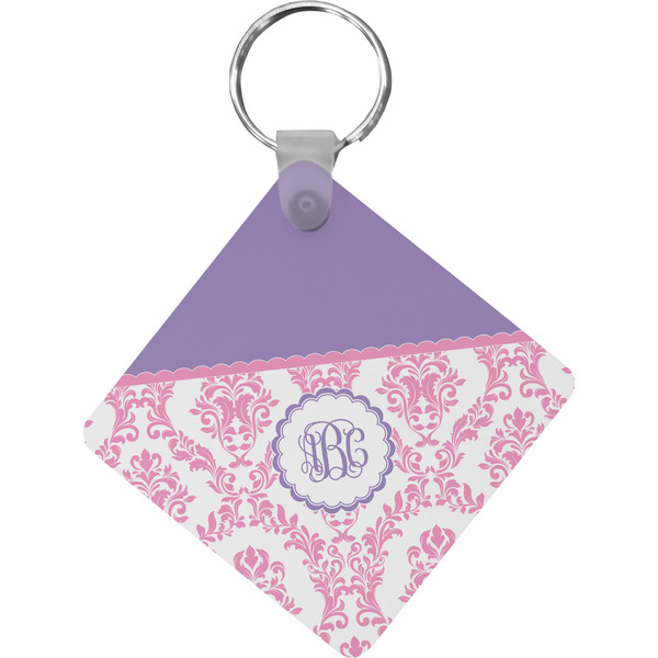 Custom Pink, White & Purple Damask Diamond Plastic Keychain w/ Monogram