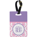 Pink, White & Purple Damask Plastic Luggage Tag - Rectangular w/ Monogram