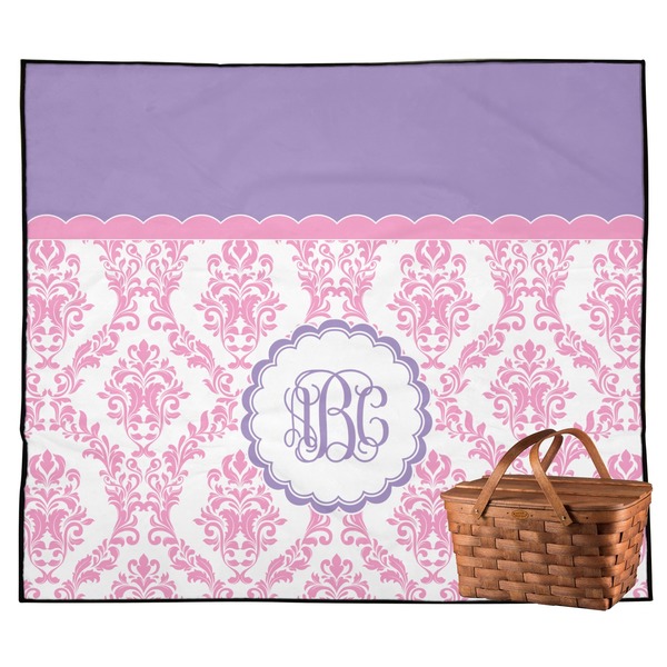 Custom Pink, White & Purple Damask Outdoor Picnic Blanket (Personalized)