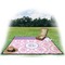 Pink, White & Purple Damask Picnic Blanket - with Basket Hat and Book - in Use