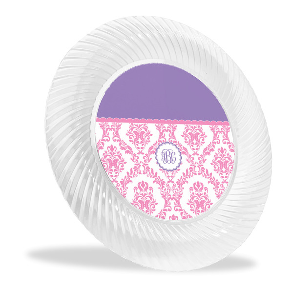 Custom Pink, White & Purple Damask Plastic Party Dinner Plates - 10" (Personalized)