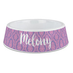 Pink, White & Purple Damask Plastic Dog Bowl - Large (Personalized)