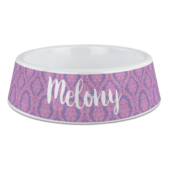 Custom Pink, White & Purple Damask Plastic Dog Bowl - Large (Personalized)