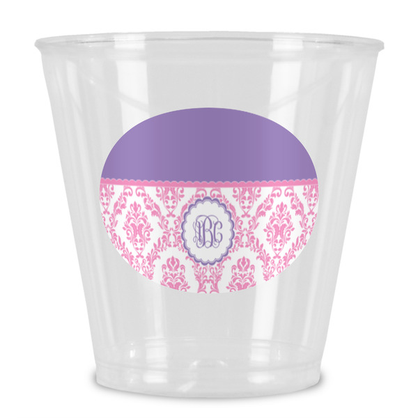 Custom Pink, White & Purple Damask Plastic Shot Glass (Personalized)