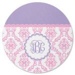 Pink, White & Purple Damask Round Rubber Backed Coaster (Personalized)