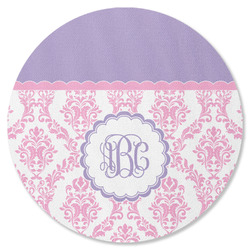 Pink, White & Purple Damask Round Rubber Backed Coaster (Personalized)