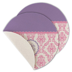 Pink, White & Purple Damask Round Linen Placemat - Single Sided - Set of 4 (Personalized)