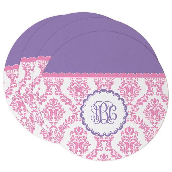 Custom Pink, White & Purple Damask Round Paper Coasters w/ Monograms