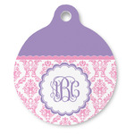 Pink, White & Purple Damask Round Pet ID Tag - Large (Personalized)