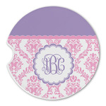 Pink, White & Purple Damask Sandstone Car Coaster - Single (Personalized)