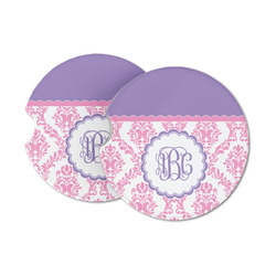 Pink, White & Purple Damask Sandstone Car Coasters - Set of 2 (Personalized)