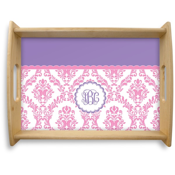 Custom Pink, White & Purple Damask Natural Wooden Tray - Large (Personalized)