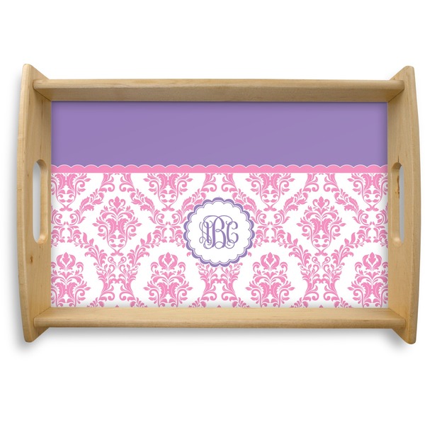 Custom Pink, White & Purple Damask Natural Wooden Tray - Small (Personalized)