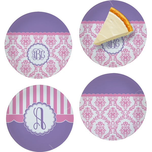 Custom Pink, White & Purple Damask Set of 4 Glass Appetizer / Dessert Plate 8" (Personalized)