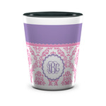 Pink, White & Purple Damask Ceramic Shot Glass - 1.5 oz - Two Tone - Single (Personalized)