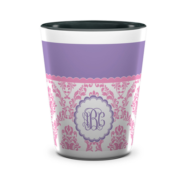 Custom Pink, White & Purple Damask Ceramic Shot Glass - 1.5 oz - Two Tone - Single (Personalized)