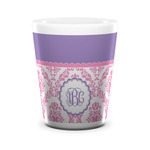 Pink, White & Purple Damask Ceramic Shot Glass - 1.5 oz - White - Single (Personalized)