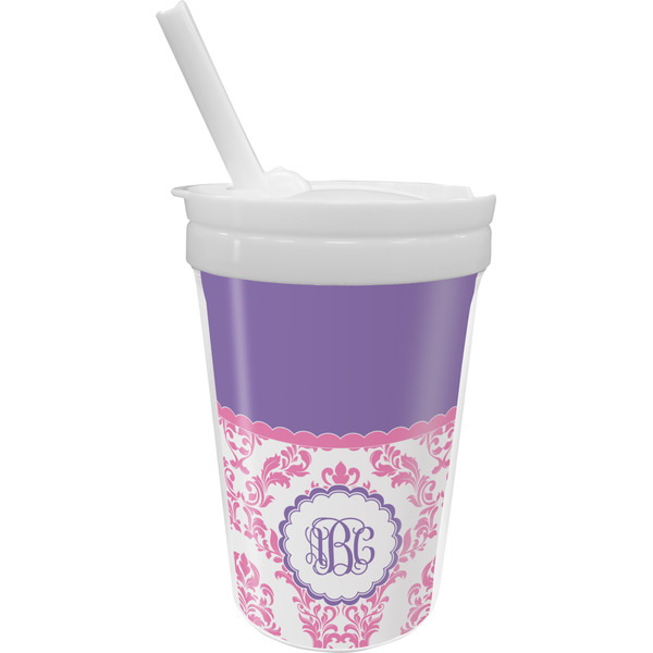 Custom Pink, White & Purple Damask Sippy Cup with Straw (Personalized)