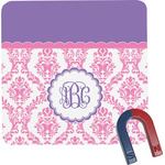 Pink, White & Purple Damask Square Fridge Magnet w/ Monogram