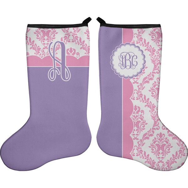 Custom Pink, White & Purple Damask Holiday Stocking - Double-Sided - Neoprene (Personalized)