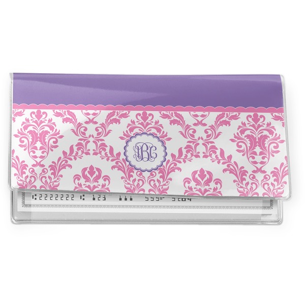 Custom Pink, White & Purple Damask Vinyl Checkbook Cover (Personalized)