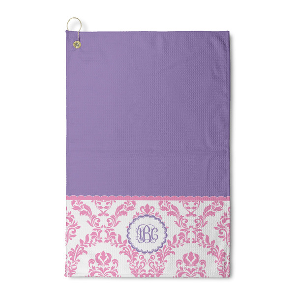 Custom Pink, White & Purple Damask Waffle Weave Golf Towel (Personalized)