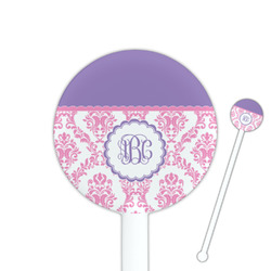 Pink, White & Purple Damask 5.5" Round Plastic Stir Sticks - White - Double Sided (Personalized)