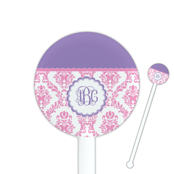 Custom Pink, White & Purple Damask 5.5" Round Plastic Stir Sticks - White - Single Sided (Personalized)