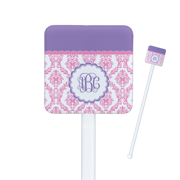 Custom Pink, White & Purple Damask Square Plastic Stir Sticks (Personalized)