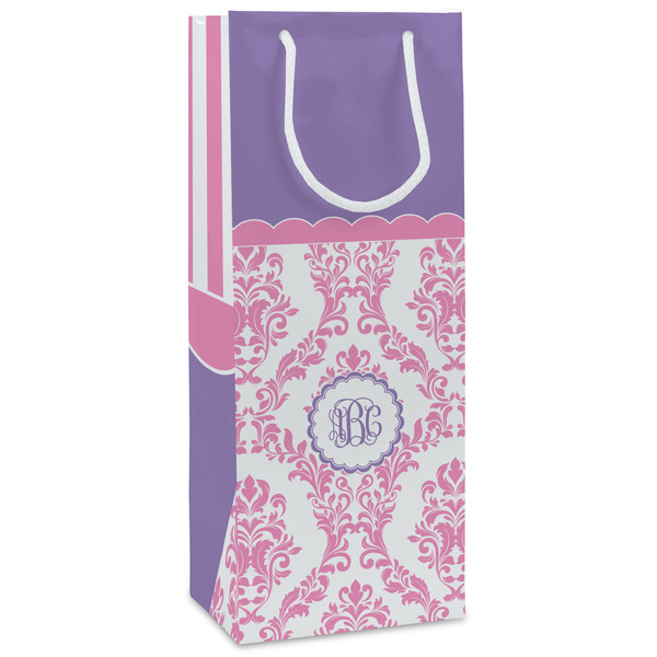 Custom Pink, White & Purple Damask Wine Gift Bags - Matte (Personalized)