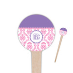 Pink, White & Purple Damask 4" Round Wooden Food Picks - Double Sided (Personalized)