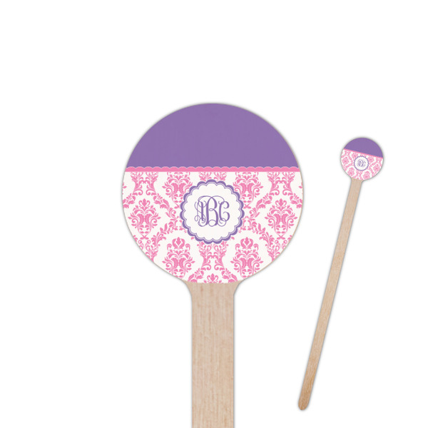 Custom Pink, White & Purple Damask 6" Round Wooden Stir Sticks - Single Sided (Personalized)