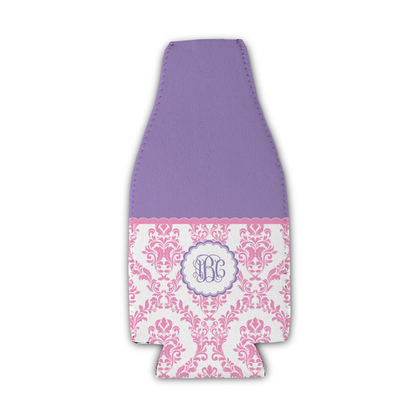 Custom Pink, White & Purple Damask Zipper Bottle Cooler (Personalized)