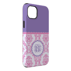 Pink, White & Purple Damask iPhone Case - Rubber Lined - iPhone 14 Plus (Personalized)