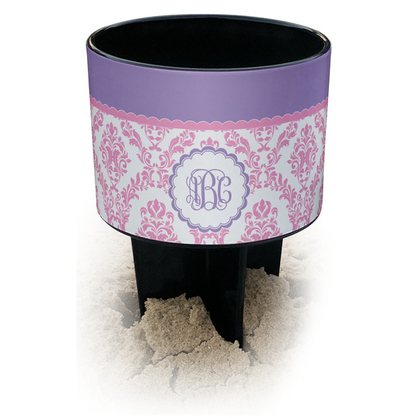 Custom Pink, White & Purple Damask Black Beach Spiker Drink Holder (Personalized)