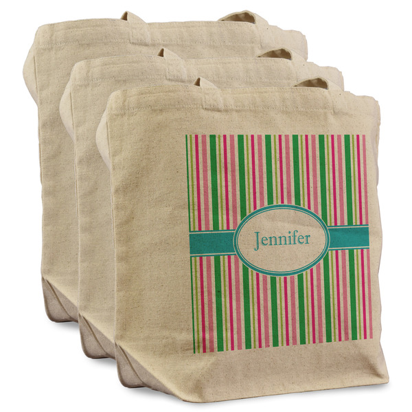 Custom Grosgrain Stripe Reusable Cotton Grocery Bags - Set of 3 (Personalized)