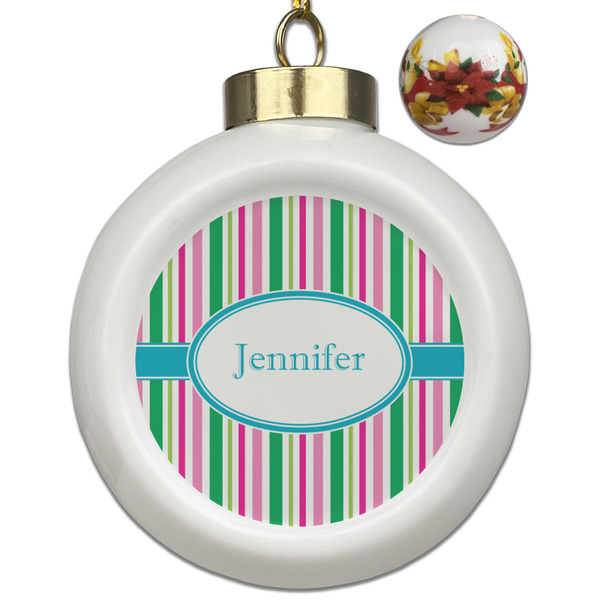 Custom Grosgrain Stripe Ceramic Ball Ornaments - Poinsettia Garland (Personalized)